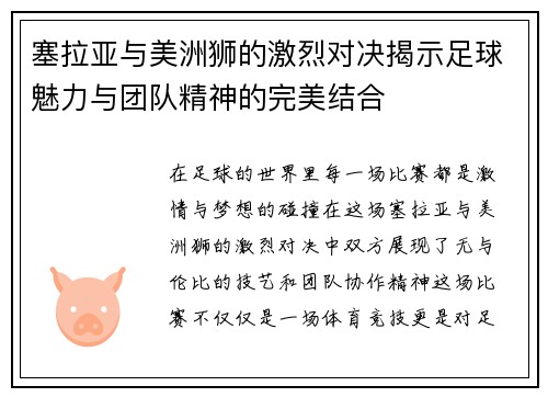 塞拉亚与美洲狮的激烈对决揭示足球魅力与团队精神的完美结合