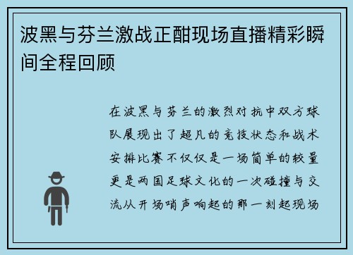 波黑与芬兰激战正酣现场直播精彩瞬间全程回顾