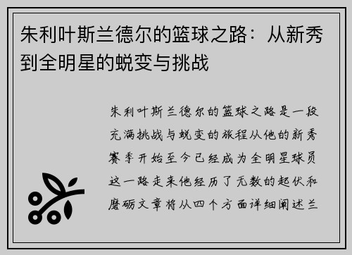 朱利叶斯兰德尔的篮球之路：从新秀到全明星的蜕变与挑战