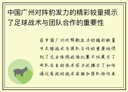 中国广州对阵豹发力的精彩较量揭示了足球战术与团队合作的重要性