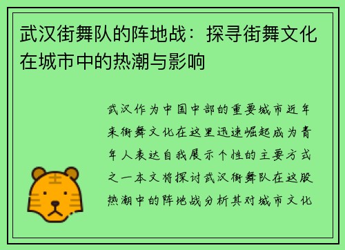武汉街舞队的阵地战：探寻街舞文化在城市中的热潮与影响