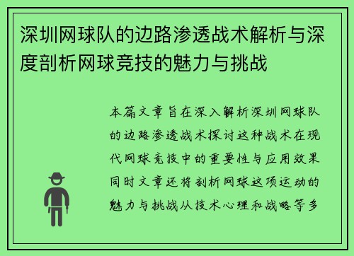 深圳网球队的边路渗透战术解析与深度剖析网球竞技的魅力与挑战